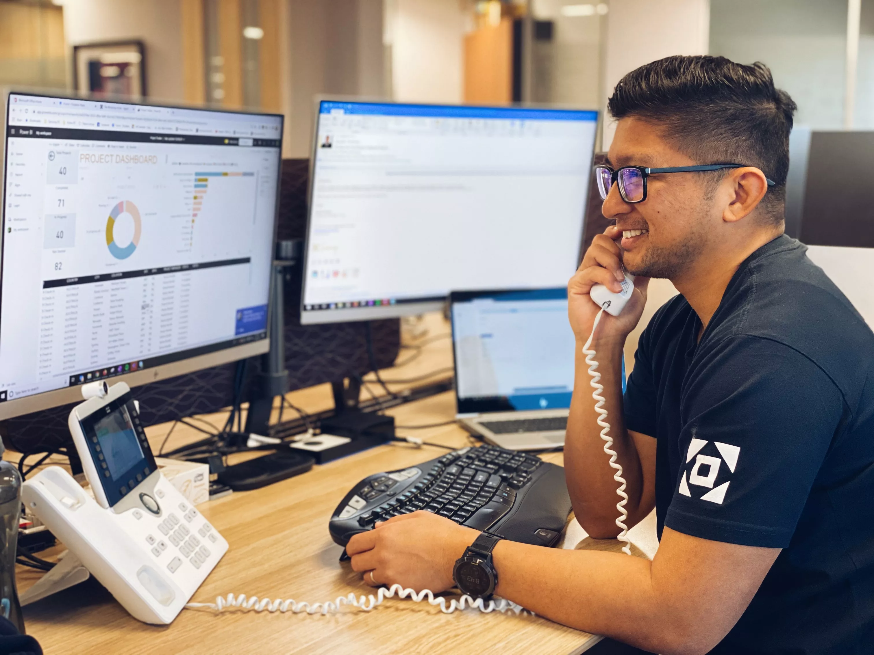 Skilled IT member helping a client in need over the phone at the modern coworking space at Servcorp 100 Mount Street